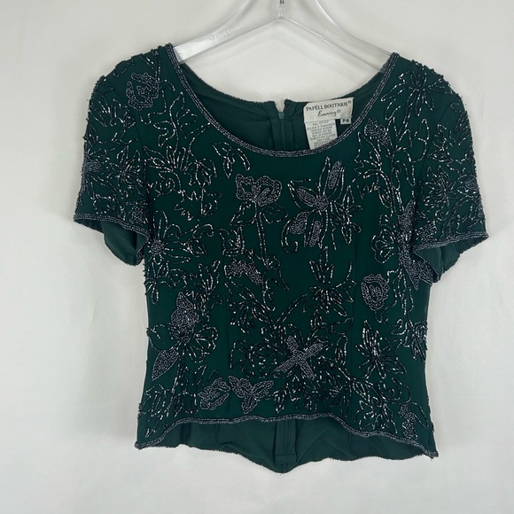 Vintage Dark Green Beaded Floral Silk Top - Picture 5 of 8